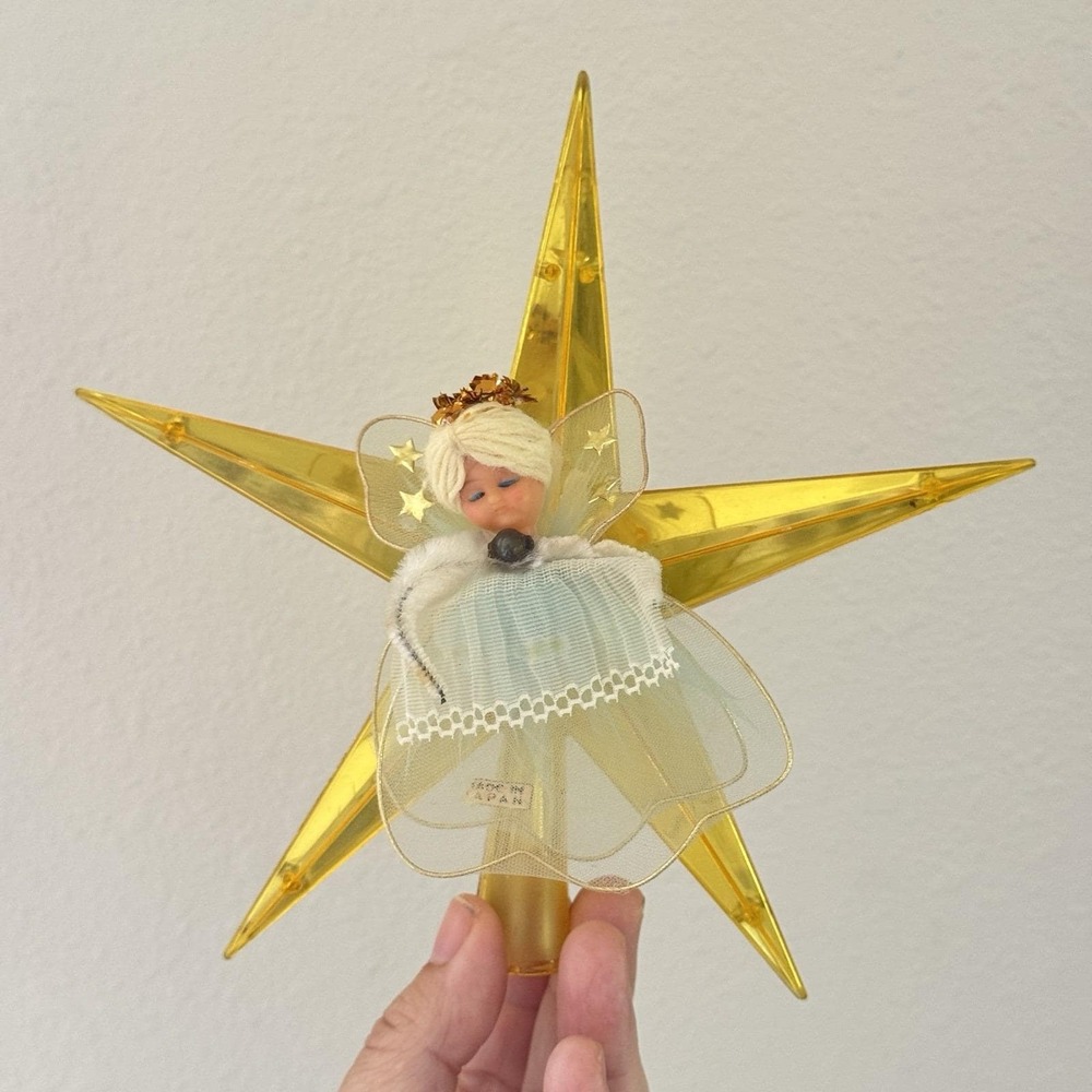 Vintage Jewel Brite Tree Topper Xmas Star Yellow White Tulle Angel MCM Japan 60s